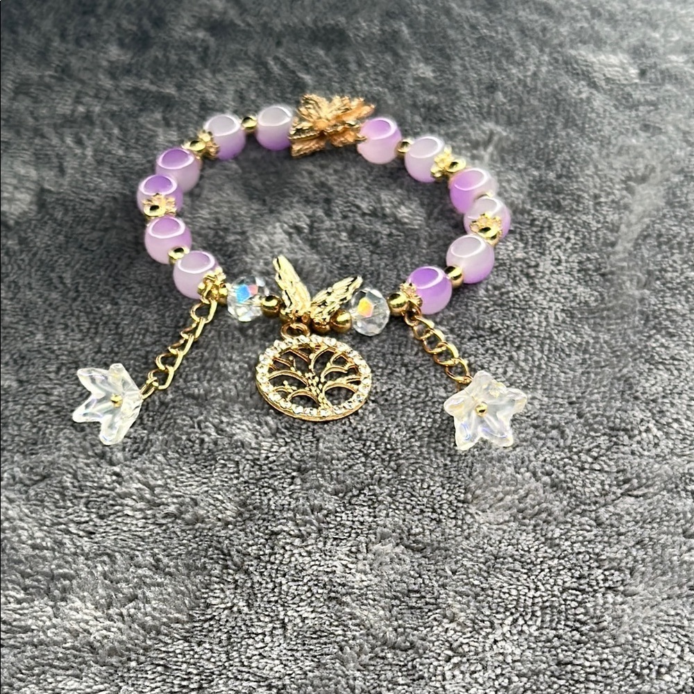 Butterfly 🦋 🌺 Flower & Tree of Life Gold & Purple Dangling 3d Charm Bracelet